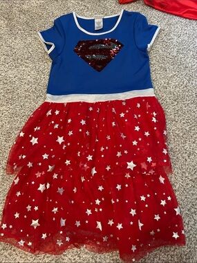 Girls' Blue & Red Superhero Sequin Emblem Costume Dress WORN ONCE